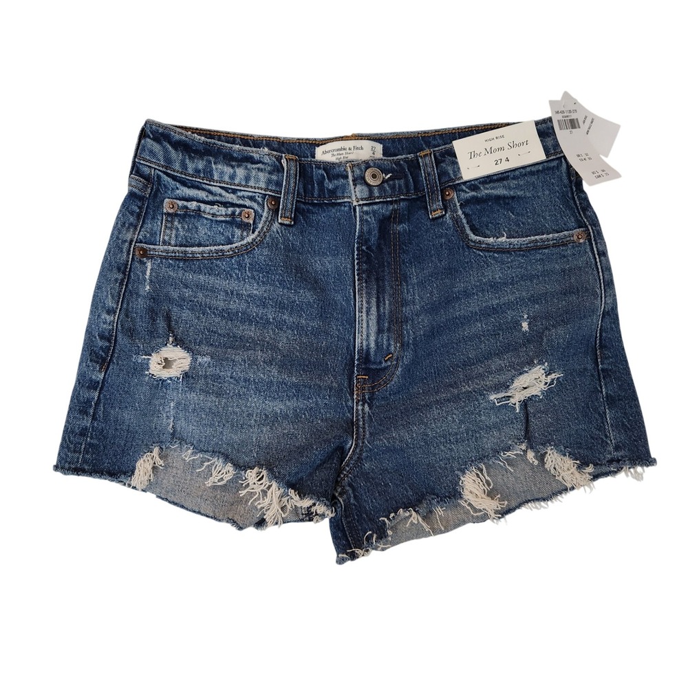 Abercrombie & Fitch The Mom Short High Rise Distressed Denim Blue Size 27 4